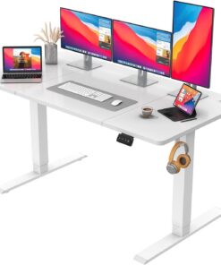 JUMMICO Escritorio Regulable en Altura de 140×60 cm, con Mando a Distancia de 4 Botones y Memoria, Gancho Incluido, Ideal para Oficina, Estudio y Gaming, Blanco
