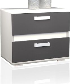 duehome | Mesita de Noche, Mesilla de Dormitorio, Modelo Ataneq, Acabado en Color Blanco y Grafito, Medidas: 60 cm (Largo) x 40 cm (Fondo) x 50 cm (Alto)