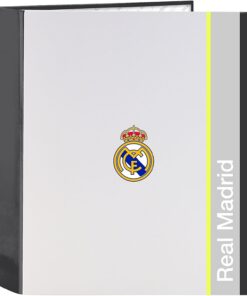 Carpeta folio 4 anillas 35 mm lomo ancho Real Madrid equipación 25/26 – Carpeta folio 4 anillas Real Madrid para apuntes y archivado escolar
