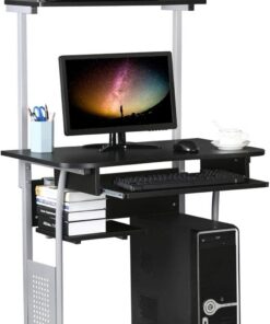 Yaheetech Mesa de Ordenador con Ruedas 3 Niveles de Almacenamiento Negro | Escritorio PC, Muebles Oficina, Madera Industrial y Acero, 80x50x132cm, con Bandeja Extraíble para Teclado y Estantería