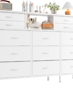 MUTUN Cómoda para dormitorio con 13 cajones, cómoda de 55 pulgadas de ancho, cómoda de tela con 2 estantes de madera, unidad organizadora de almacenamiento con contenedores de tela para dormitorio