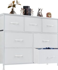 DUMOS Cómoda para Dormitorio con 7 cajones de Tela, Organizador Alto para Ropa, Armario de habitación Infantil, Torre de Almacenamiento con Armario, Marco de Metal, Tablero de Madera, Muebles Ligeros