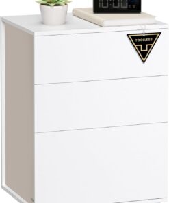 VASAGLE Mesita de Noche, Snapsemble Montaje Súper Rápido, Mesa Auxiliar con 3 Cajones, Moderna, Dormitorio, Sala de Estar, Blanco Mate y Beige Capuchino LET778W01