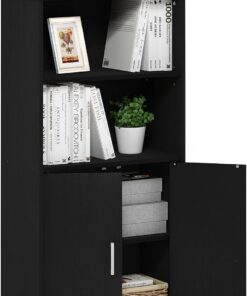 Furinno Pasir Armario de Almacenamiento con 2 estantes Abiertos y 2 Puertas, Madera de ingeniería, Roble Negro, 59.9(W) x 121.4(H) x 30(D) cm