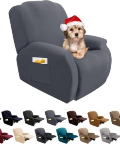 FIGOOO Funda de Sillón Relax Reclinable 4-Piezas Funda para Sofá 1 Plaza Relax Elásticas Universal Ajustables Lavables Fundas Protector de Sillón Chivas con Bolsillo,Gris