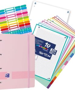 Oxford, Europeanbinder Polyfoam, Archivador de 4 anillas A4+, Live&Go, Incluye Recambio Cuadrícula 5X5, 160 hojas, Pizarra Write&Erase, Separadores y Pegatinas, Color Rosa