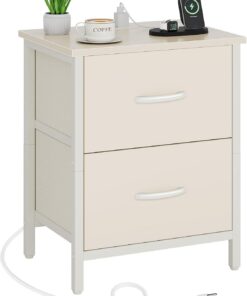 Vagusicc Mesita de noche con estación de carga, mesita de noche con puertos USB y tomacorriente, mesa auxiliar con 2 cajones de tela para dormitorio, sala de estar, beige