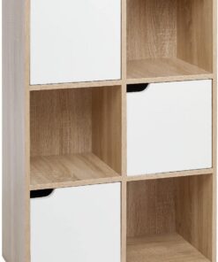 Mondeer Estantería, Librería de Almacenaje con 6 Cubos y 3 Puertas para Libros CDs Juguetes, 60 x 90 x 30 cm Blanco y Roble
