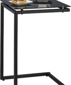 Relaxdays Mesa Auxiliar Forma de C, 60 x 40 x 40cm, Mesita Latera, Minimesa Café, Metal y Cristal, Tablero Vidrio, Negro