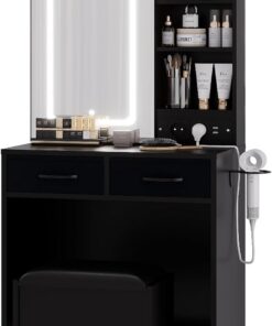 Moderna mesa de tocador con luz LED con espejo, estación de carga, control táctil, 3 modos de iluminación, taburete de almacenamiento acolchado, amplio almacenamiento para dormitorio