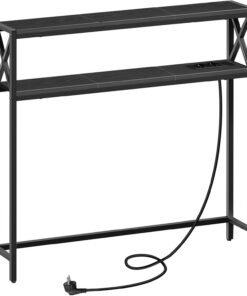 MAHANCRIS Mesa de Entrada Doble de 100 cm, Table Console con 2 Enchufes y 2 Puertos USB, Consola Auxiliar Pequeña, Mesa para Pasillo con Estantes, para Pasillo, Negro ACTHB115UE01