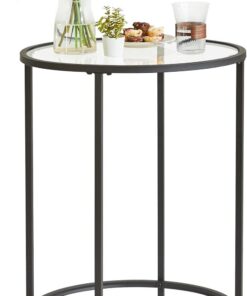 YMYNY Mesa Auxiliar Redonda, Mesita de Noche Pequeña de Cristal Templado con Marco de Metal, Mesa de Centro Transparente, Moderna, para Salón, Dormitorio, 50×50×65CM Negro HGD020B