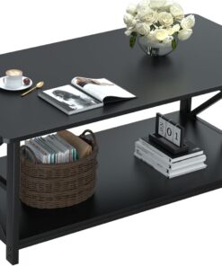 GreenForest Mesa de Centro con 2 Estantes, 100cm Mesa de Café con Redonda, Tablero de Estilo de Moderno en Macro de para la Salón,Negro