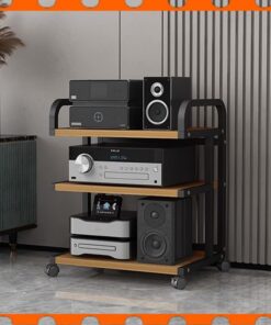 Estante de Audio Abierto de 3, 4 y 5 Niveles para Reproductor de CD, Amplificador, Altavoz, Consola de Juegos y TV. Mueble estéreo con Ruedas (Teca, 3 Niveles, 50 x 40 x 65 cm).