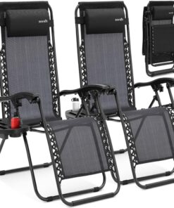SereneLife Zero Gravity - Silla reclinable de Malla de Acero Ajustable, con Almohadas extraíbles y bandejas portavasos, mesas auxiliares, Juego de 2, Color Negro