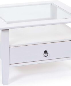 Inter Link - Mesa baja de madera maciza- Pino macizo - con tapa de cristal - 1 cajón teñido de blanco - 115 x 60 x 45 cm - Provence 1