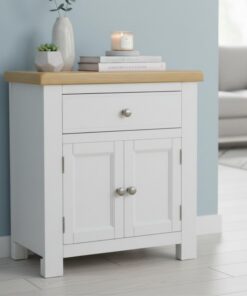 GROF urniture - Armario pequeño blanco nieve con cajón, gabinete de almacenamiento blanco con parte superior de roble, mini aparador para sala de estar o pasillo, mesa telefónica, armarios listos para