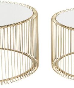 Kare Design Wire (2 set), Mesa de centro, Latón, redonda, diámetro 63 y 53cm, mesa auxiliar, mesilla de noche, estructura de acero, tablero de cristal de seguridad, salón, 34 x 70 x 70 cm (AxAxF)