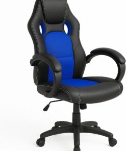 BAKAJI Silla Gaming Racer direccional para Oficina, ergonómica, Estilo Deportivo, Sillón de Escritorio Racing con 4 Ruedas, giratoria hasta 360°, de Piel sintética Negra con Tela (Blue)