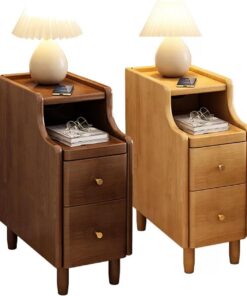 Cómoda Estrecha Mesita de Noche Alta y Estrecha con cajones Juego de 2 mesitas de Noche Altas Mesas auxiliares Delgadas para Dormitorio Mesas auxiliares de 2 Colores