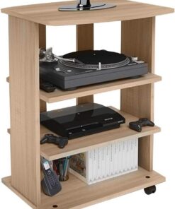 BAKAJI Mueble de TV de Madera MDF con 3 estantes para Consolas Videojuegos DVD y 4 Ruedas, Mueble para televisión, diseño Moderno, tamaño 60 x 45 x 80,5 cm (Roble)