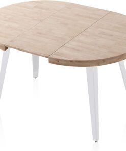 Adec Group Berg, Mesa de Comedor Redonda Extensible, Mesa 2 Tramos, Acabado en Roble y Blanco, Medidas: 100-140 - 180 cm (Largo) x 100 cm (Ancho) x 78 cm (Alto)