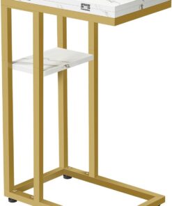 HOOBRO Mesa auxiliar en forma de C para sala de estar, mesa auxiliar delgada en forma de C con estante de almacenamiento, mesa alta para aperitivos para dormitorio, espacio pequeño, mesa plegable, oro