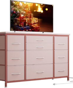 Zstar Cómoda para Dormitorio con 10 cajones, Marco de Metal, Armario de TV de Tela con 3 enchufes, decoración Moderna, Tablero de Mesa de Madera, cómoda para Dormitorio, salón, 120 x 39 x 70 cm, Rosa