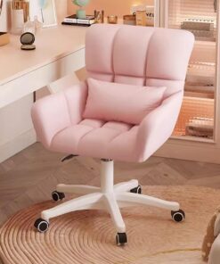 Silla de terciopelo para oficina en casa con ruedas y función giratoria, bonita silla de escritorio para niñas y mujeres, sillón decorativo con almohada para dormitorio, color rosa