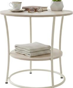 Relaxdays Mesa Auxiliar Redonda de Madera y Metal, 2 Niveles, 55 x 55 cm, Color Natural/Crema