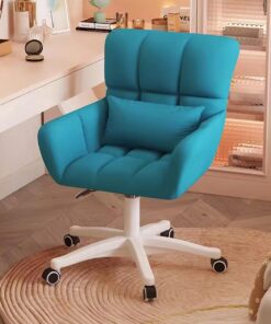Silla de terciopelo para oficina en casa con ruedas y almohada, moderna y bonita silla de escritorio para niñas y mujeres, sillón tapizado, silla giratoria para dormitorio, color azul lago