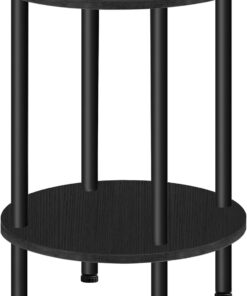 CHOEZON Mesa Auxiliar Redonda, Mesita de Sofá con Dos Estantes, Mesilla de Noche Pequeña, Mesita de Centro de Estilo Industrial para Salón, Dormitorio, Negro DTBZ01BB