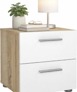 WELL HOME MOBILIARIO & DECORACIÓN Mesita de Noche, Mesilla Dormitorio Segre Oak,2 cajones, Color Roble patinado y Blanco Alto Brillo, 40 x 41 x 43 cm