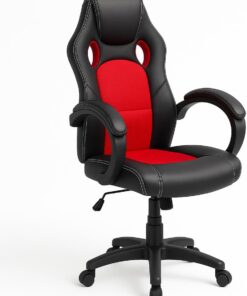 BAKAJI Silla Gaming Racer direccional para Oficina, ergonómica, Estilo Deportivo, Sillón de Escritorio Racing con 4 Ruedas, giratoria hasta 360°, de Piel sintética Negra con Tela (Rojo)