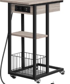 HOOBRO Mesa Auxiliar con Estación de Carga, Mesa de Centro Abatible en Forma de C con Ruedas y Estante de Almacenamiento, Puertos USB Tomas Corriente, para Salón Dormitorio, Greige y Negro EBG022SF01