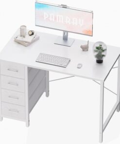PAMRAY Escritorio para PC de 80 cm con 4 cajones, Pequeño Escritorio para el hogar, Dormitorio, Estudio, Escritorio para PC Sencillo y Moderno, Blanco