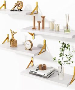 BAKAJI Juego de 4 estantes de Pared de Madera Blanca con Soportes de Metal Dorado, estantería de Pared Multiusos Montaje Creativo, estantería para Dormitorio, salón, Cocina, baño, librería para