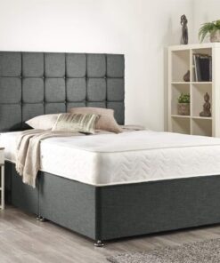 Juego de cama diván de espuma viscoelástica de lino gris con colchón, cabecero y 2 cajones gratis (individual)