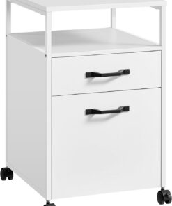 VASAGLE Archivador Móvil con 2 Cajones, Archivador de Oficina con Ruedas, Compartimento Abierto, Marco de Acero, Estilo Industrial, Blanco Nube OFC071W14