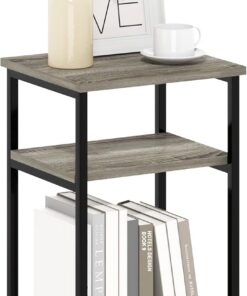 Furinno Solo Mesa Auxiliar de Marco de Metal con estantes de Almacenamiento, Madera, Roble Francés, Paquete de 1
