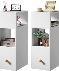IBUYKE Mesitas de Noche Estrechas Pack 2,Blanco WNS006W-2 | Mesilla de Noche con 2 Compartimentos y 1 Cajón,20x29x55 cm,Mesa Auxiliar para Dormitorio,Salón,Espacios Reducidos