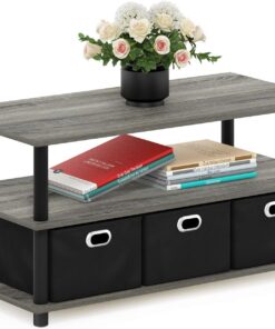 Furinno Frans Mesa de Centro con Cajones, Madera de ingeniería, Roble Francés/Negro/Negro, 79.2 (W) x 40.1 (H) x 39.4 (D) cm