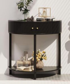 Trironsun Mesa de consola de media luna con espacio de almacenamiento, mesa de pasillo estrecha con 2 cajones, asas y estantes dorados, mesa auxiliar de madera boho para sala de estar, dormitorio o