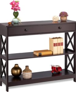 Relaxdays Consola Recibidor con Cajón, 3 Tableros, 80 x 100 x 30 cm, Mesa Auxiliar Pasillo, Salón, Estrecha, MDF, Marrón