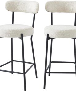 BAÏTA Noa - Juego de 2 taburetes de Bar (Tejido buclette Blanco y Patas metálicas), Color Negro