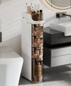 VECELO Gabinete de almacenamiento delgado de 4 niveles con ruedas, gabinete de almacenamiento de baño delgado con cajones, soporte para papel higiénico, armario de piso estrecho móvil para espacios