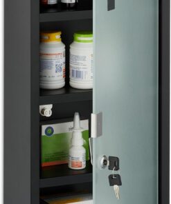 Relaxdays Botiquín de Pared, Armario Medicamentos, 4 Estantes, 57 x 27 x 12 cm, con Llaves, Acero y Puerta Vidrio, Negro