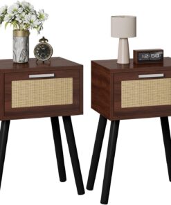 YMYNY Mesita de Noche de Ratán, Mesa Auxiliar de Noche, Mesilla de Noche con Cajón magnético, Piernas de Madera Maciza, 35x27x53 cm, para Dormitorio, Oficina, Salón, Nogal HST010LW-2
