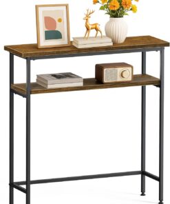 VOUNOT® Mesa Consola Estrecha 2 Niveles 80x24x80cm Mesa Auxiliar Entrada con 2 Estantes Metal y MDF Mesita Exposición Extremo de Sofá Diseño Industrial para Recibidor Salón Pasillo Dormitorio Marrón