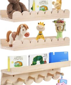 Juego de 3 estantes de Pared de Madera Maciza para niños - Estantería con 6 Ganchos para Libros y Juguetes - Estantería Montessori de 40 cm - Estantería Flotante con Curvas